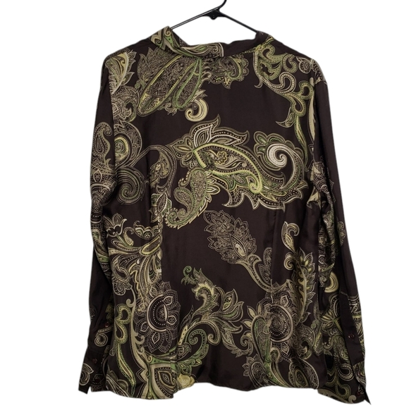 Ann Taylor Women's Paisley Silk  Blouse Brown Green Button Front Ruffle Size 16 - Picture 11 of 12